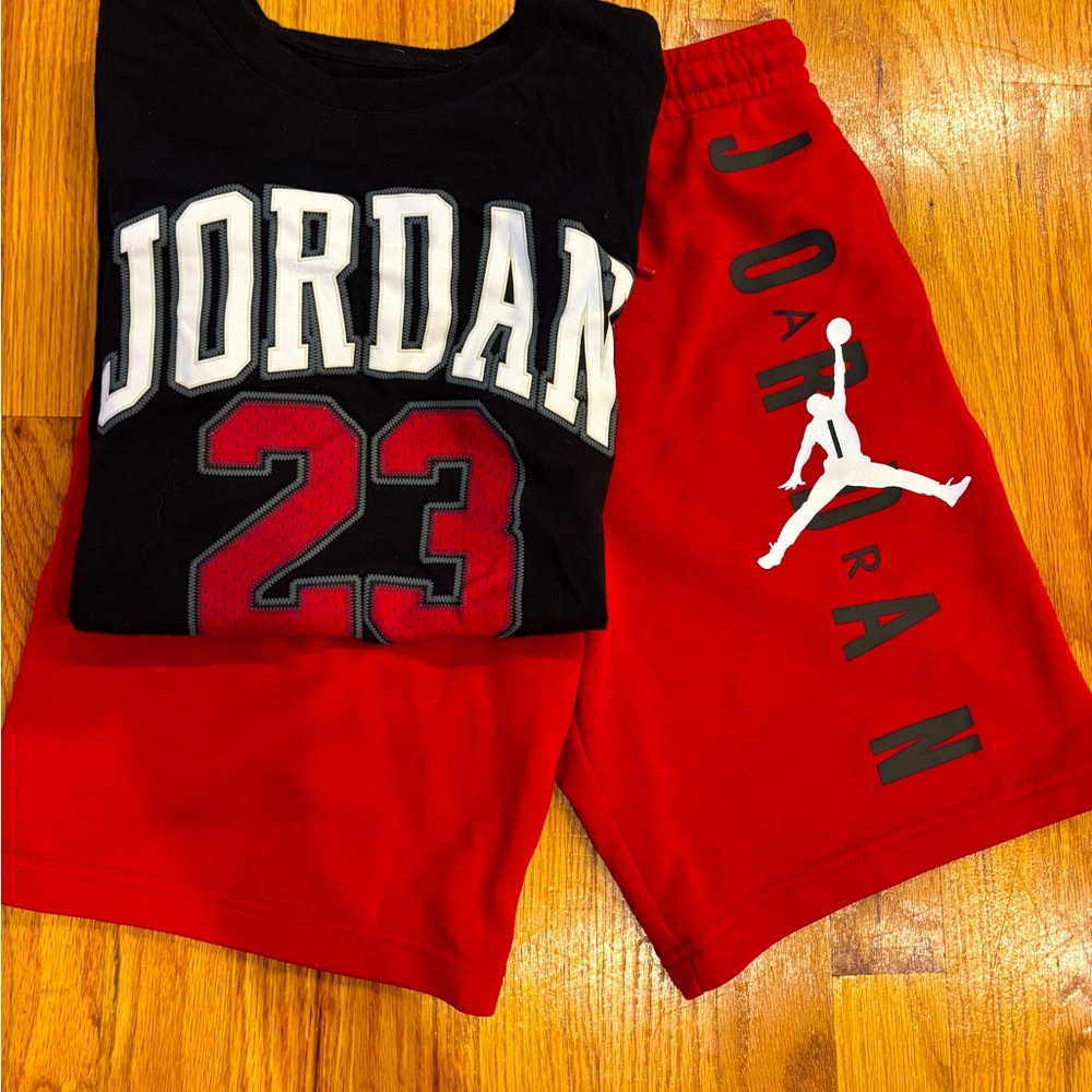 Boys red and black Jordan short and tee set. Gentle used looks like new